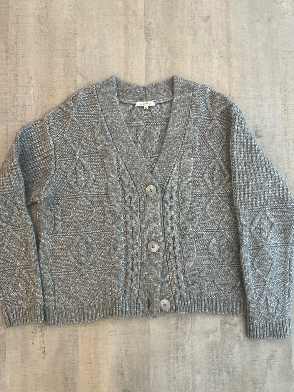 Z Supply Gray Cable Knit V-Neck Button Cardigan